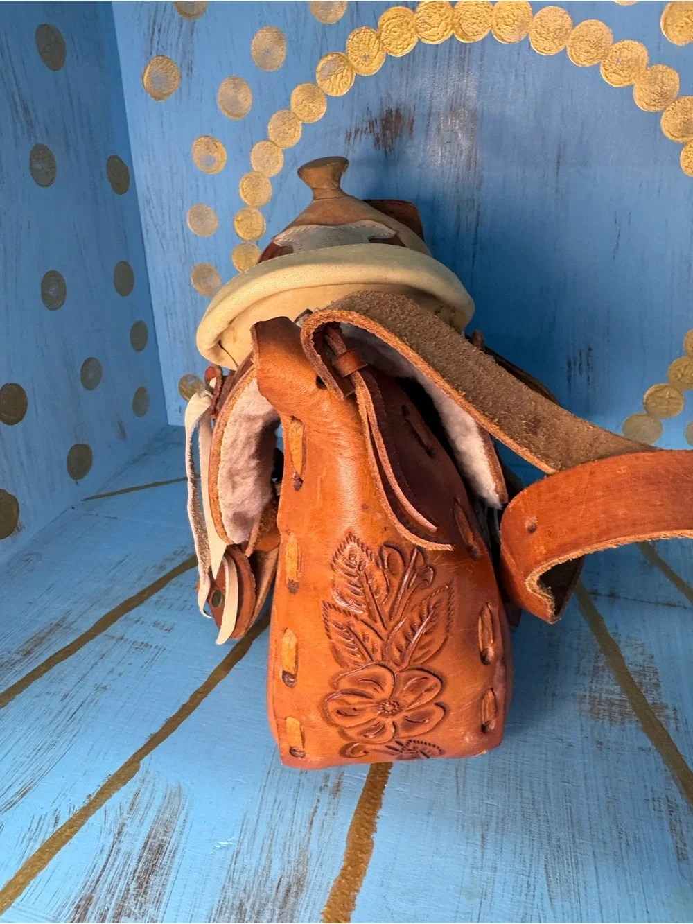 Vintage Hand-Tooled Leather Saddle Crossbody Bag with Floral design